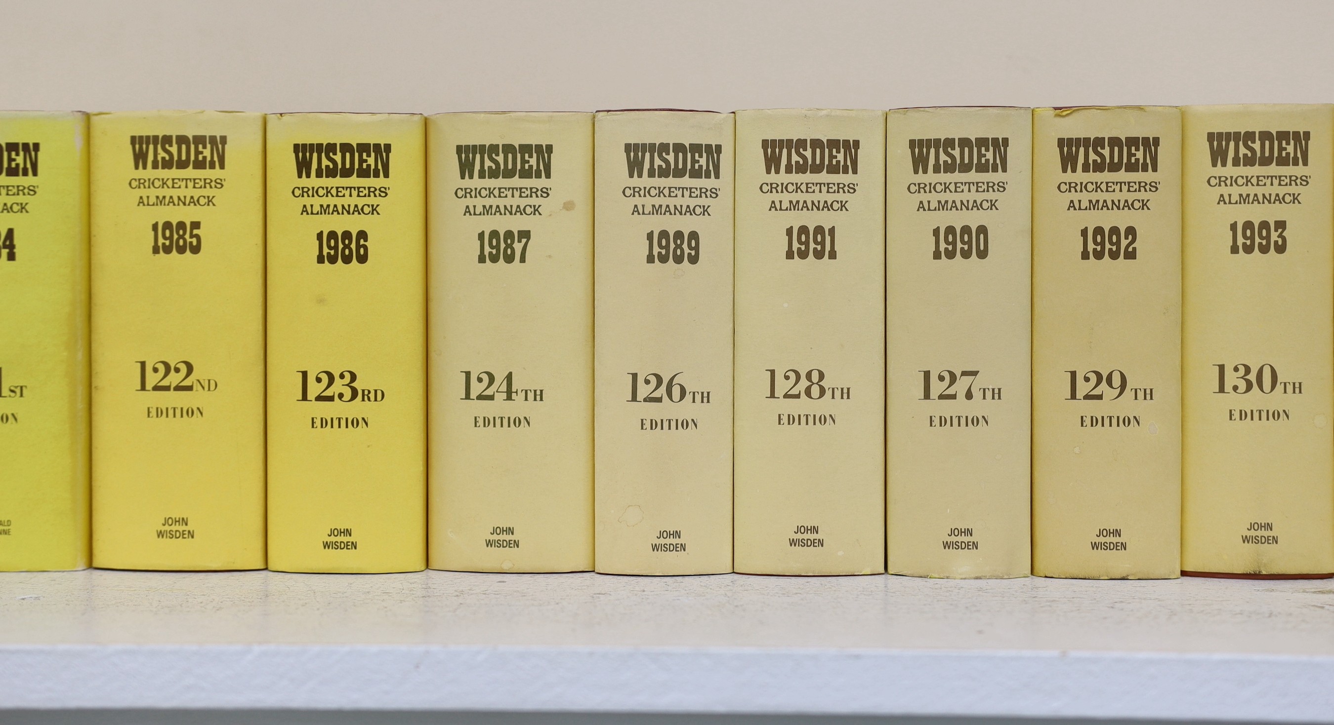 Wisden, John - Cricketers Almanack for the years 1975 (112th edition) - 2018 (155th edition), all hardbacks, with unclipped dust jackets. Together with - An Index to Wisden Cricketers’ Almanack 1864-1984 and Wisden ‘’Wha